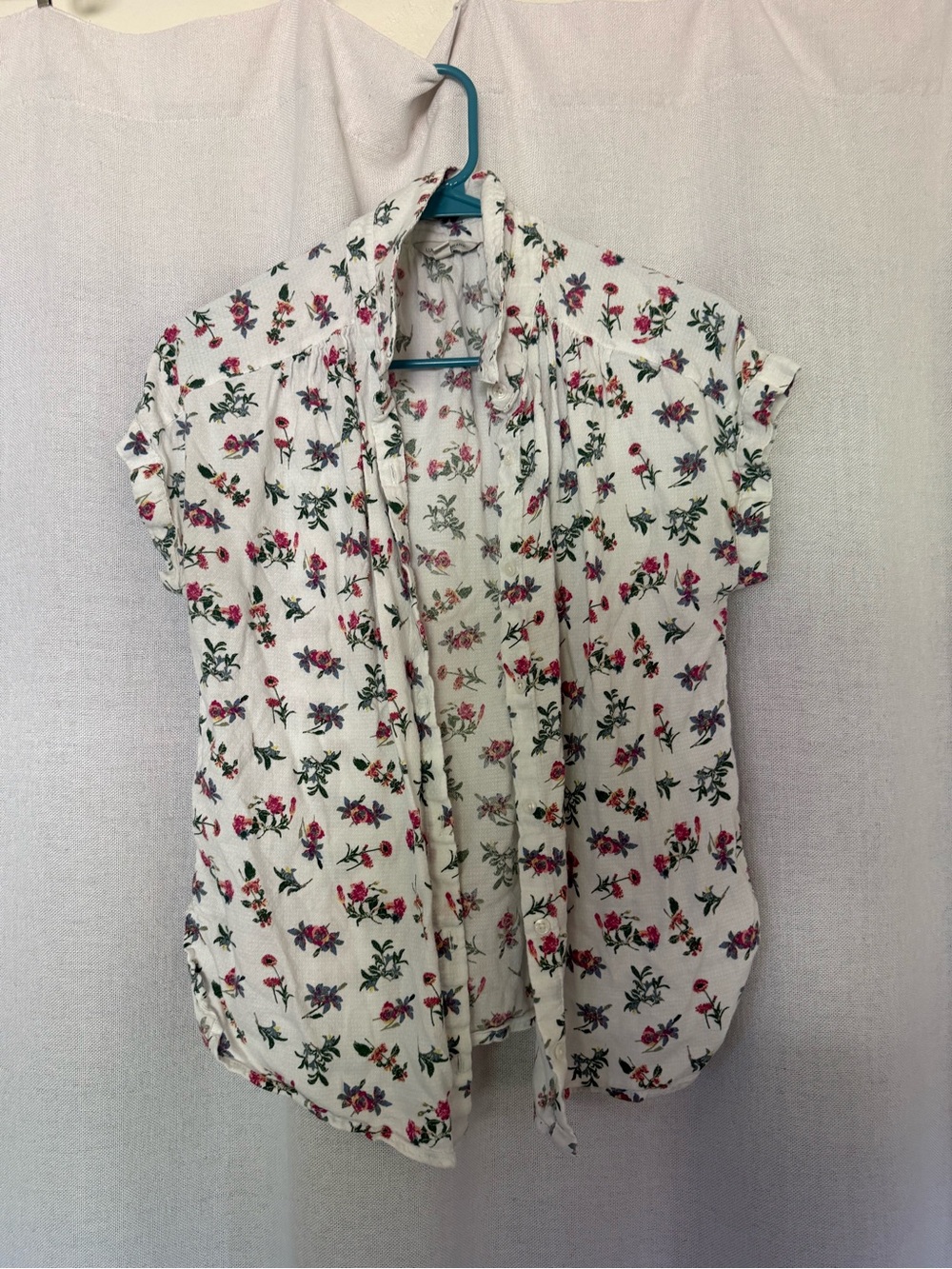 Floral Short-Sleeve Open Front Top - White with Pink & Green